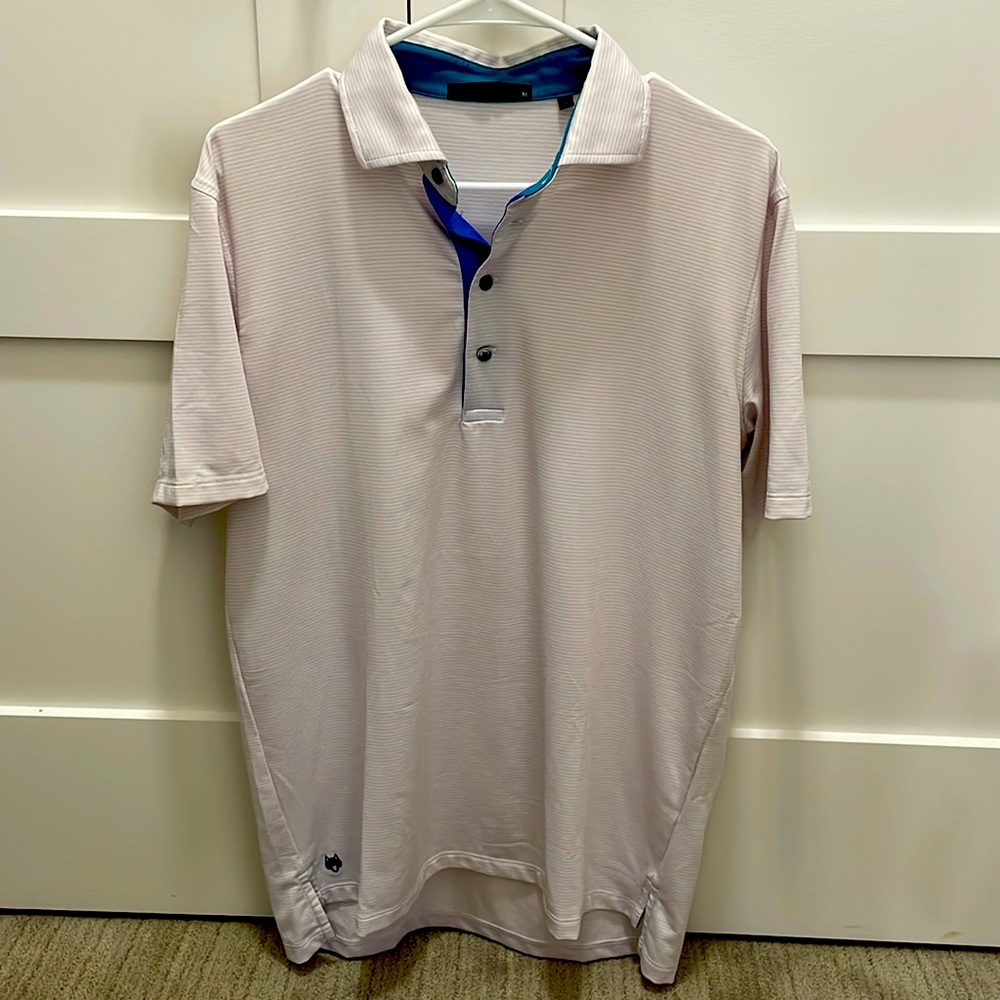 Men’s golf Greyson polo size M medium light pink and white stripe w blue accents